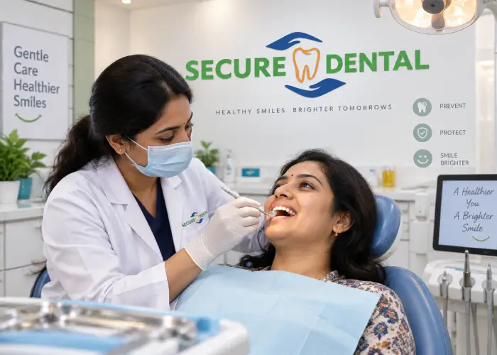 A dentist at Secure Dental Clinic examining a patient